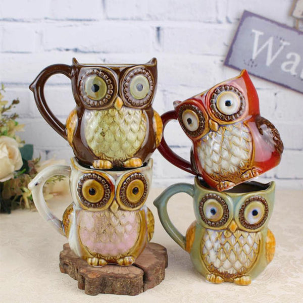 Friendly Owl Mugs, Craft Style Ceramic Coffee or Tea Mugs