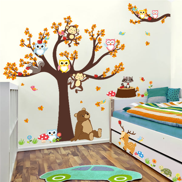 Forest Tree and Animal Wall Stickers with Owl, Monkey, Bear and Deer