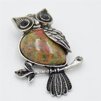 Retro Style Silver Plated Owl Pendant with beautiful polished stone inlay.